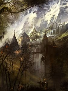 Preview wallpaper castle, architecture, mountains, silhouettes, fantasy, art