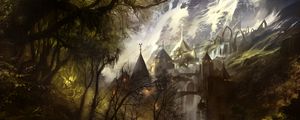 Preview wallpaper castle, architecture, mountains, silhouettes, fantasy, art