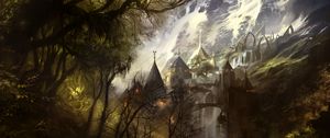 Preview wallpaper castle, architecture, mountains, silhouettes, fantasy, art