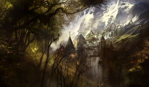 Preview wallpaper castle, architecture, mountains, silhouettes, fantasy, art