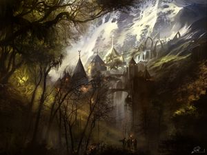 Preview wallpaper castle, architecture, mountains, silhouettes, fantasy, art