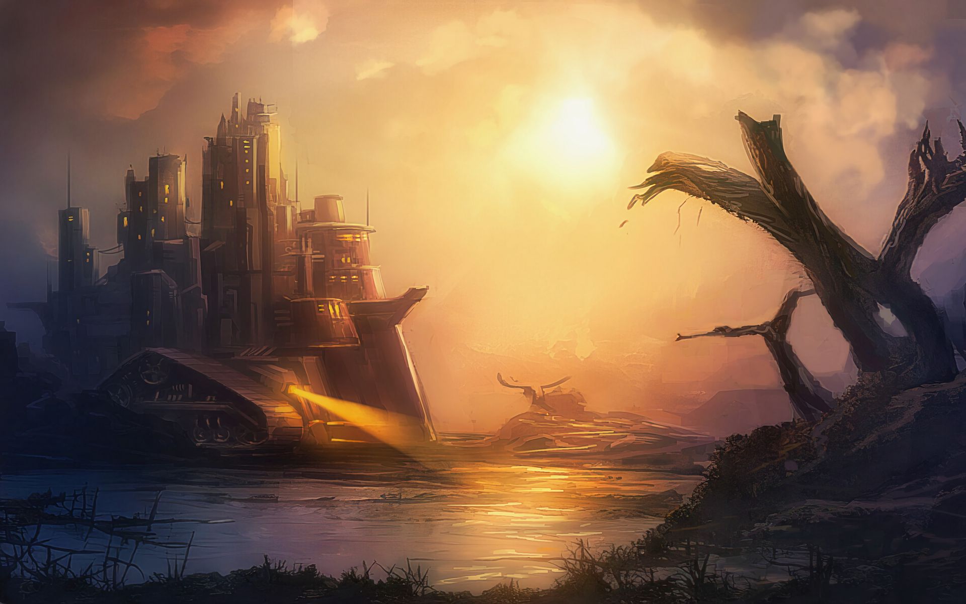 Download wallpaper 1920x1200 castle, architecture, sunset, fantasy, art