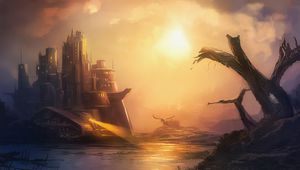 Preview wallpaper castle, architecture, sunset, fantasy, art