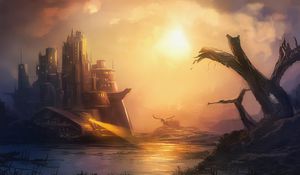 Preview wallpaper castle, architecture, sunset, fantasy, art