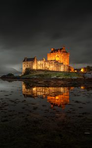 Preview wallpaper castle, backlight, architecture, lake, bridge