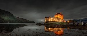 Preview wallpaper castle, backlight, architecture, lake, bridge