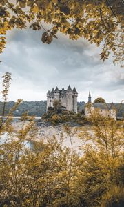 Preview wallpaper castle, branches, leaves, lake, architecture