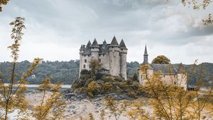 Preview wallpaper castle, branches, leaves, lake, architecture