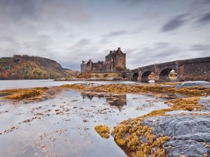 Preview wallpaper castle, bridge, arches, stone, water, lake, stones, vegetation, cold, emptiness, loneliness, terribly