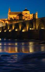 Preview wallpaper castle, bridge, river, architecture, night, old