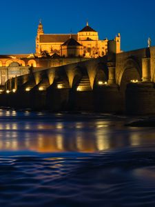 Preview wallpaper castle, bridge, river, architecture, night, old