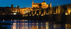 Preview wallpaper castle, bridge, river, architecture, night, old