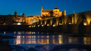 Preview wallpaper castle, bridge, river, architecture, night, old