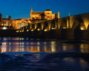 Preview wallpaper castle, bridge, river, architecture, night, old