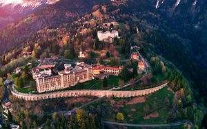 Preview wallpaper castle, building, architecture, mountains, snowy