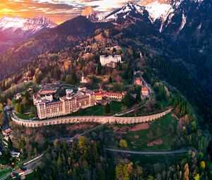 Preview wallpaper castle, building, architecture, mountains, snowy