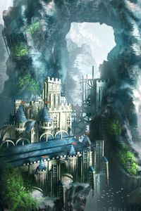 Preview wallpaper castle, building, architecture, rocks, arch, art