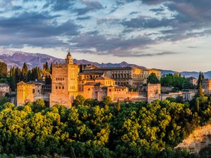 Preview wallpaper castle, building, architecture, trees, bushes