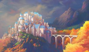 Preview wallpaper castle, building, architecture, trees, bushes, art