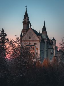 Preview wallpaper castle, building, architecture, trees, dusk