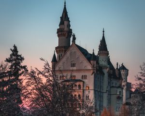 Preview wallpaper castle, building, architecture, trees, dusk