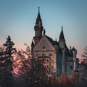 Preview wallpaper castle, building, architecture, trees, dusk