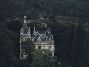 Preview wallpaper castle, building, forest, trees, rock