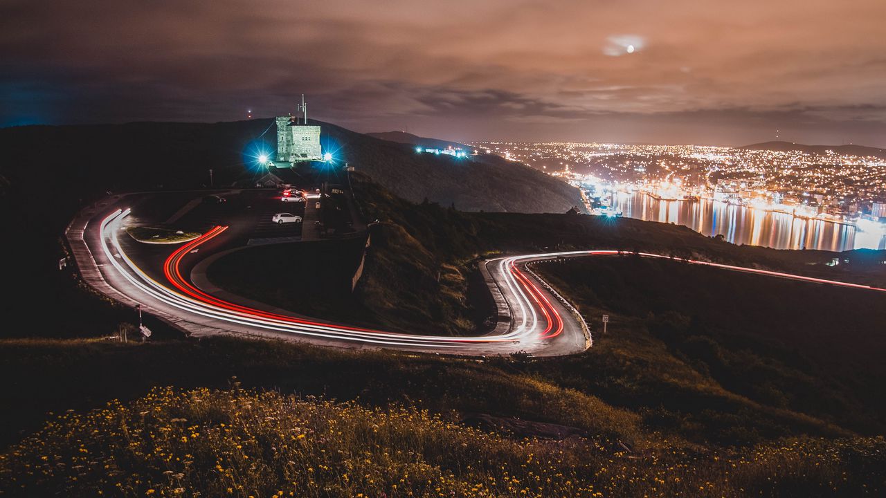 Wallpaper castle, building, hills, long exposure, light, night