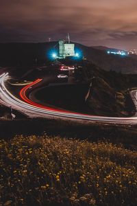 Preview wallpaper castle, building, hills, long exposure, light, night