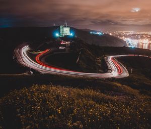 Preview wallpaper castle, building, hills, long exposure, light, night