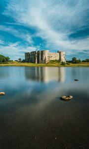 Preview wallpaper castle, building, lake, trees, sky