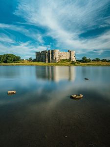 Preview wallpaper castle, building, lake, trees, sky