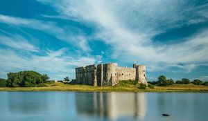 Preview wallpaper castle, building, lake, trees, sky