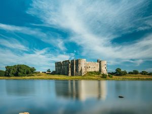 Preview wallpaper castle, building, lake, trees, sky