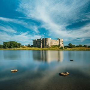 Preview wallpaper castle, building, lake, trees, sky