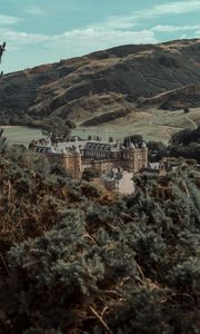 Preview wallpaper castle, building, old, hills, trees