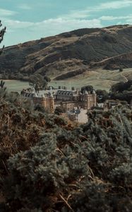 Preview wallpaper castle, building, old, hills, trees