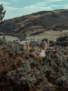 Preview wallpaper castle, building, old, hills, trees