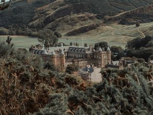 Preview wallpaper castle, building, old, hills, trees