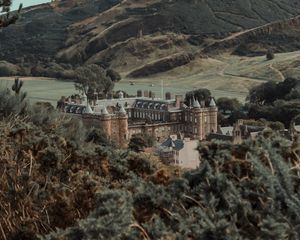 Preview wallpaper castle, building, old, hills, trees