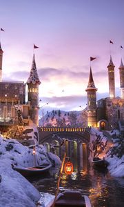 Preview wallpaper castle, building, river, winter, art