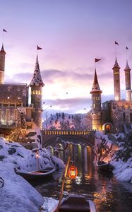 Preview wallpaper castle, building, river, winter, art