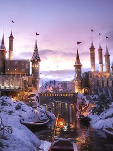 Preview wallpaper castle, building, river, winter, art