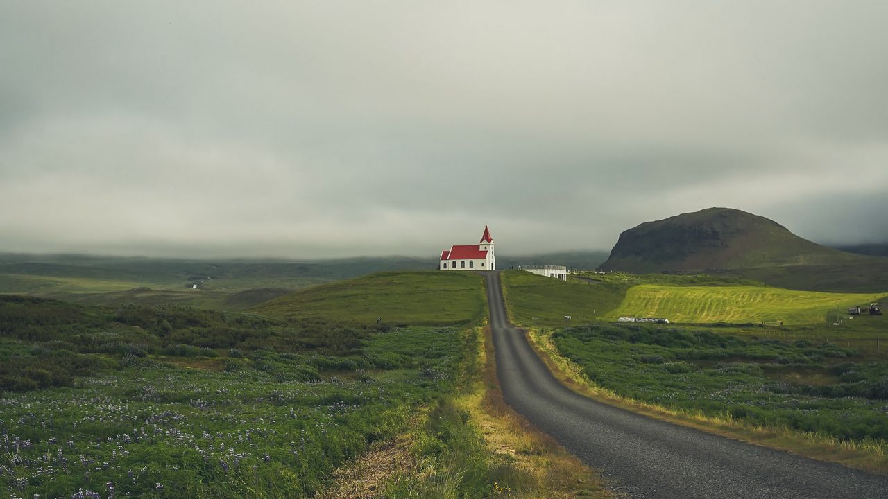 Wallpaper castle, building, road, grass, field, hill