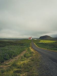 Preview wallpaper castle, building, road, grass, field, hill
