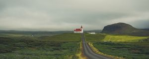 Preview wallpaper castle, building, road, grass, field, hill