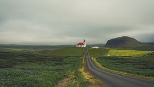 Preview wallpaper castle, building, road, grass, field, hill