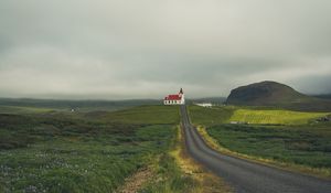 Preview wallpaper castle, building, road, grass, field, hill