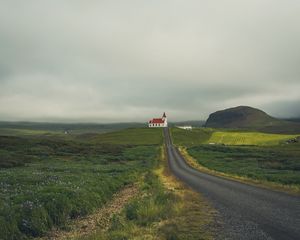 Preview wallpaper castle, building, road, grass, field, hill