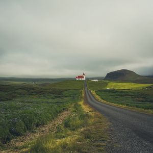 Preview wallpaper castle, building, road, grass, field, hill